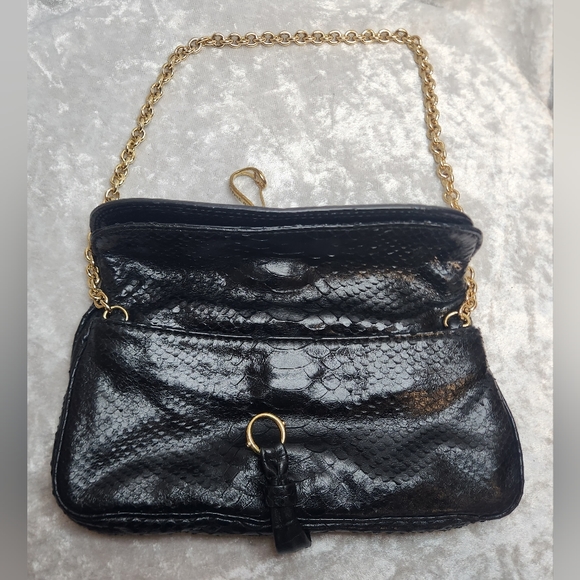 Henri Bendel Black Snake Leather Gold Chain Shoulder Clutch Bag - Picture 5 of 8